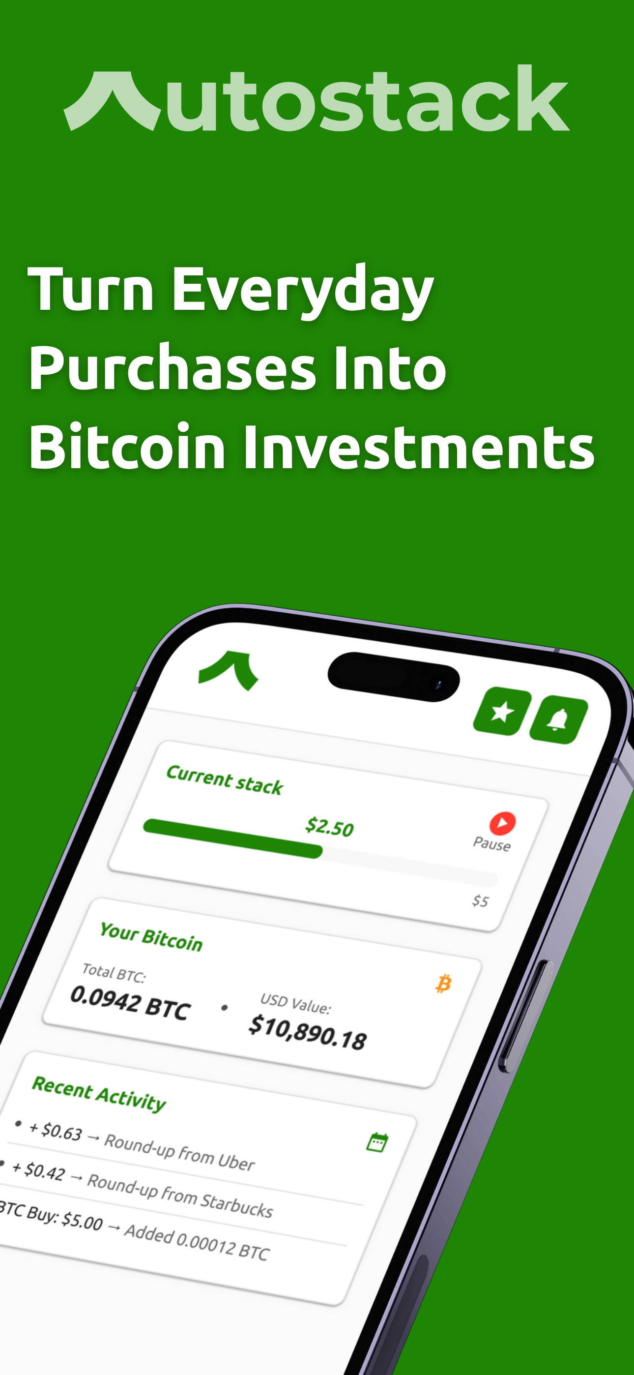 Autostack Investing app showing Bitcoin portfolio dashboard